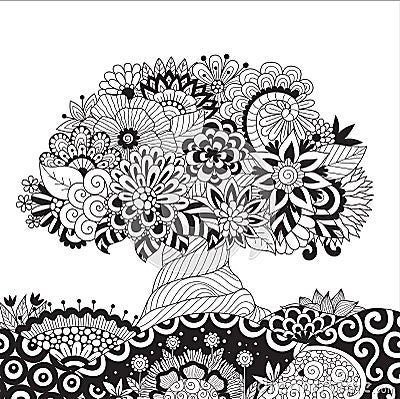 Zendoodle design of tree on floral ground for design element and adult coloring book page. Vector illustration Vector Illustration