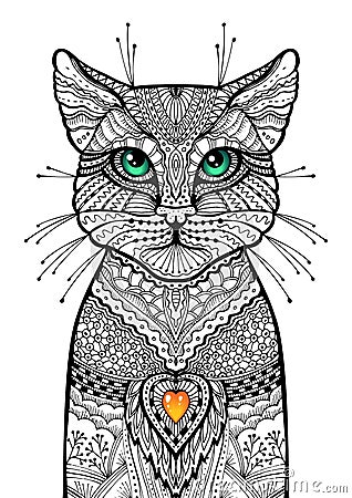 Zentangle cat with glossy green eyes and red candle heart. Hand drawn ornamental illustration. Doodle tribal sketch Vector Illustration