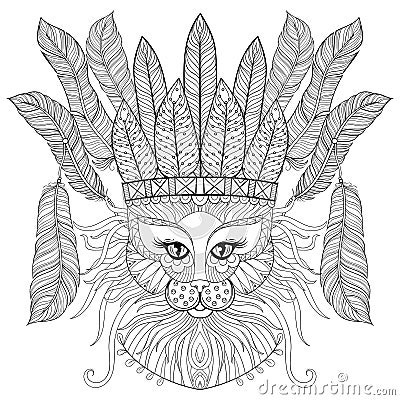 Zentangle Cat with indian war bonnet, bird feathers for adult an Vector Illustration