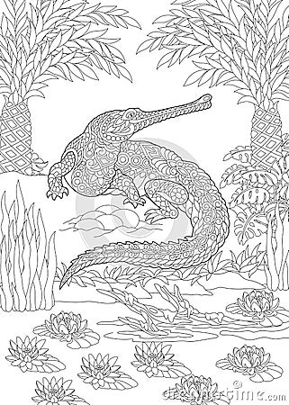 Zentangle gharial crocodile Vector Illustration