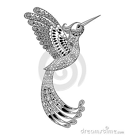 Zentangle hand drawn artistically Hummingbird, flying bird tribal totem for adult Coloring Page or tattoo, t-shirt and postcard w Vector Illustration