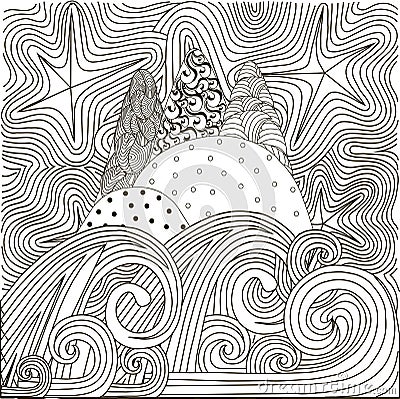Zentangle hand drawn black and white abstract starry night, island, waves Vector Illustration