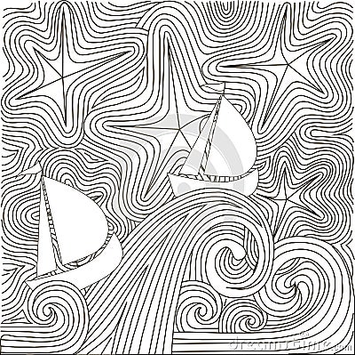 Zentangle hand drawn black and white abstract starry night, sailboats on waves Vector Illustration