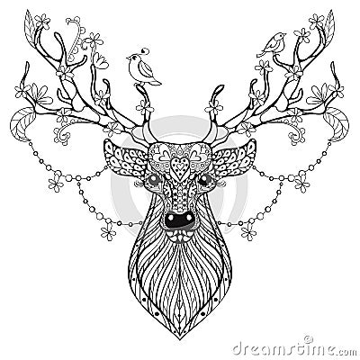 Zentangle Hand drawn magic horned Deer for adult antistress colo Vector Illustration