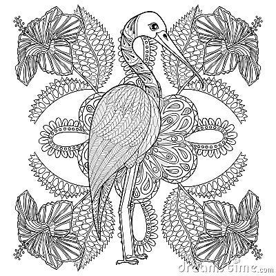 Zentangle Hand drawn Stork in Hibiskus for adult antistress colo Vector Illustration