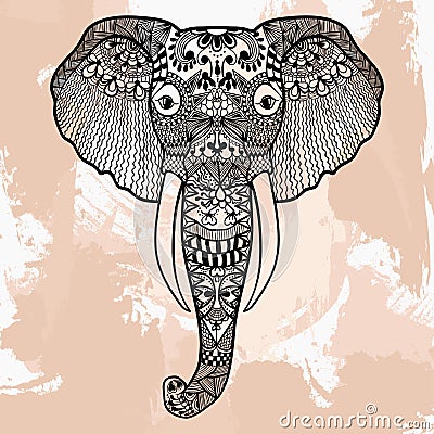 Zentangle head of Elephant, tattoo design in doodle style. Ornamental tribal patterned illustration for adult anti stress Vector Illustration