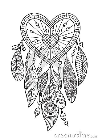 Zentangle heart dream catcher with feathers. Doodle antistress coloring book page for adult. Valentine day illustration isolated Cartoon Illustration