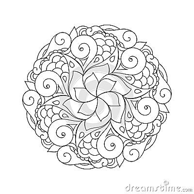 Zentangle mandala adult coloring book page. Zendoodle circular black and white outline illustration. Vector Illustration