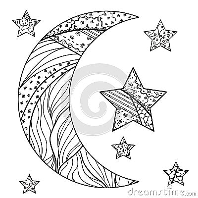 Zentangle moon and star with abstract patterns Vector Illustration