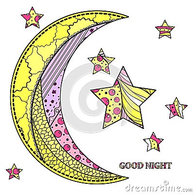 Zentangle moon and star with abstract patterns Vector Illustration