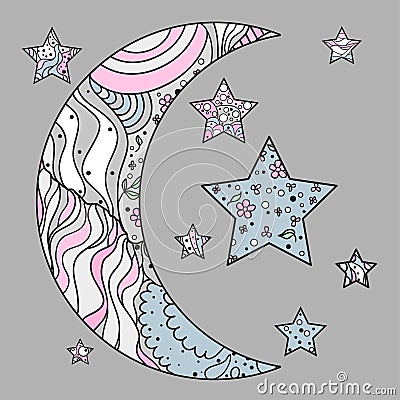 Zentangle moon and star with abstract patterns Vector Illustration