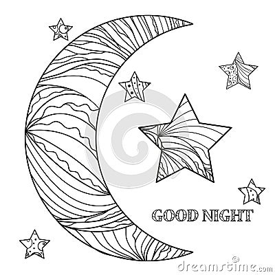 Zentangle moon and star with abstract patterns Vector Illustration