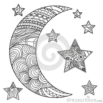 Zentangle moon and star with abstract patterns Vector Illustration