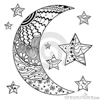 Zentangle moon and star with abstract patterns Vector Illustration