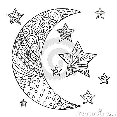 Zentangle moon and star with abstract patterns Vector Illustration