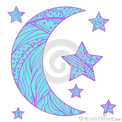 Zentangle moon and star with abstract patterns Vector Illustration