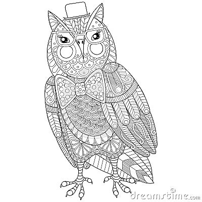 Zentangle Owl painting for adult anti stress coloring page Vector Illustration