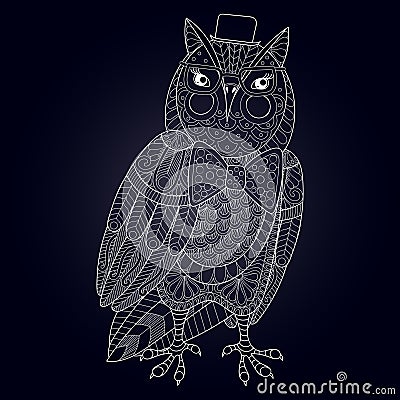 Zentangle Owl painting for adult anti stress coloring page Vector Illustration