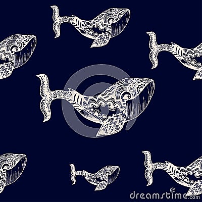 Zentangle Pattern whale silhouette on a blue background. Vector Illustration