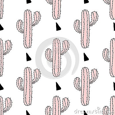 Zentangle pink cactus seamless pattern, cacti vector illustration. Hand drawn desert plant, succulent in doodle style for adult Vector Illustration