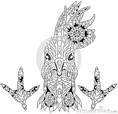 Zentangle rooster head with footprints for coloring. Hand drawn decorative vector illustration Vector Illustration