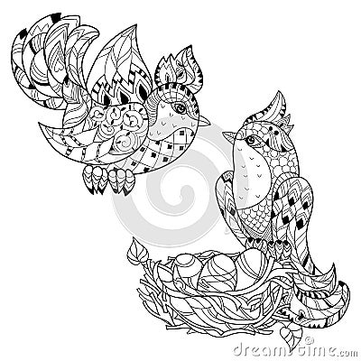Zentangle sketch bird on nest. Hand Drawn doodle. Vector Illustration