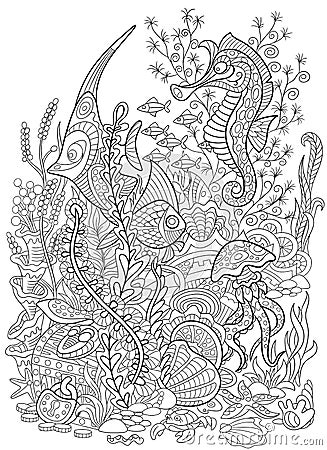 Zentangle stylized animal set sea collection. Ocean life. Vector Illustration