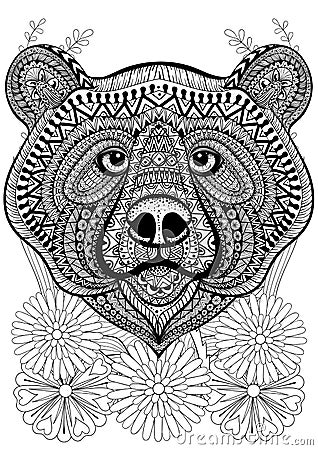 Zentangle stylized bear face on flowers. Hand drawn ethnic animal for adult coloring pages, art therapy, boho t-shirt patterned p Vector Illustration