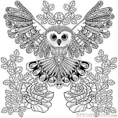 Zentangle stylized Black Owl with rose for adult anti stress col Vector Illustration