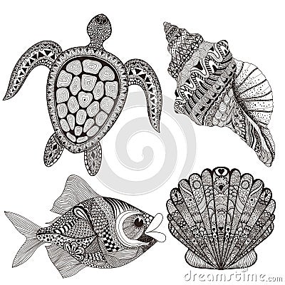 Zentangle stylized black sea shells, fish and turtle. Hand Drawn Vector Illustration