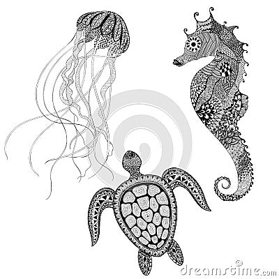 Zentangle stylized black turtle, sea horse and jellyfish. Hand D Vector Illustration