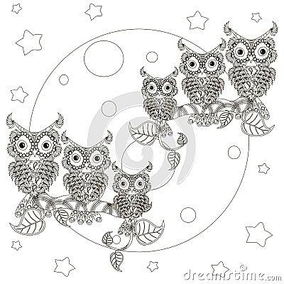 Zentangle stylized black and white owls on branches, full moon Vector Illustration