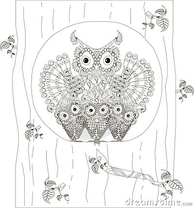 Zentangle, stylized black and white owls family sitting in the hollow of tree trunk, hand drawn, vector Vector Illustration