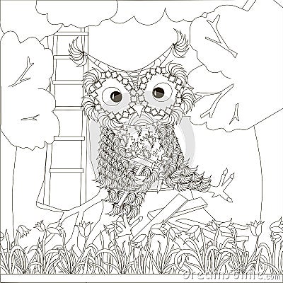 Zentangle, stylized black and white owls sitting with a hammer and a nail sits on a stump Vector Illustration