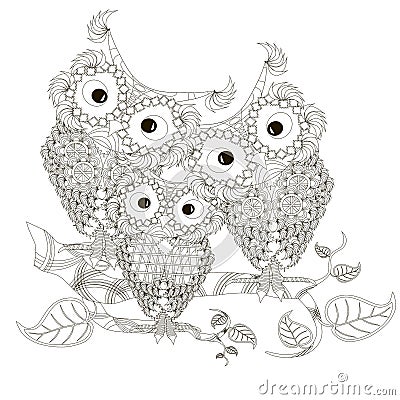 Zentangle stylized black and white three owls sitting on the tree branches, hand drawn Vector Illustration