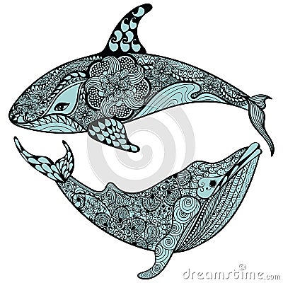 Zentangle stylized Blue Sea Shark and Whale. Hand Drawn vector i Vector Illustration