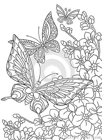 Zentangle stylized butterflies and sakura flower Vector Illustration