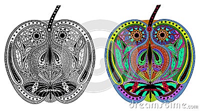 Zentangle stylized color and black apple. Cartoon Illustration