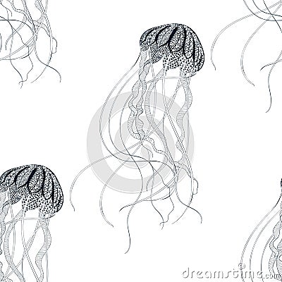 Zentangle stylized Jellyfish seamless pattern. Hand Drawn Cartoon Illustration
