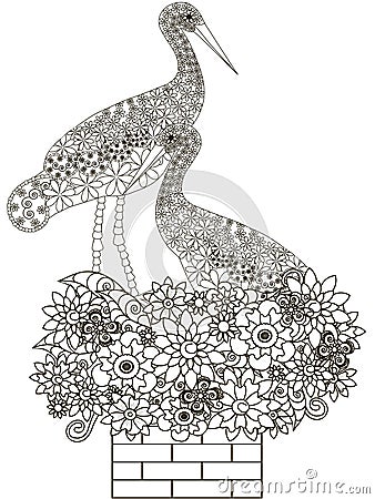 Zentangle stylized monochrome sitting couple of storks in the nest on the flower brick fireplace Vector Illustration