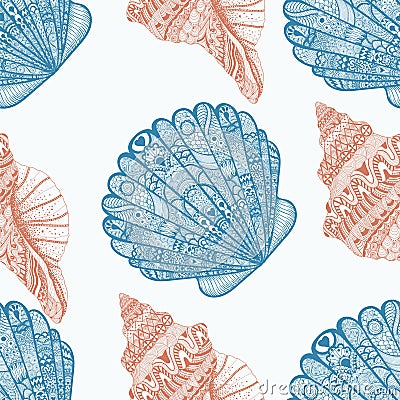 Zentangle stylized ocean shells seamless pattern. Hand Drawn do Vector Illustration