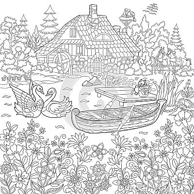 Zentangle stylized rural landscape Vector Illustration