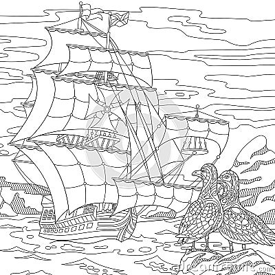 Zentangle stylized sailing ship Vector Illustration