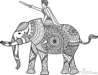 Zentangle sylized of warrior riding elephant coloring book for adult, cards, T- Shirt graphic, tattoo and other decorations Vector Illustration