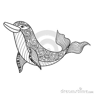 Zentangle vector sea Dolphin for adult anti stress coloring page Vector Illustration