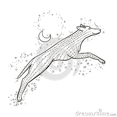 Zentangle wolf jumps on background night sky. 2018 New year vector illustration. Zen tangle dog. Black and white coloring book. Vector Illustration