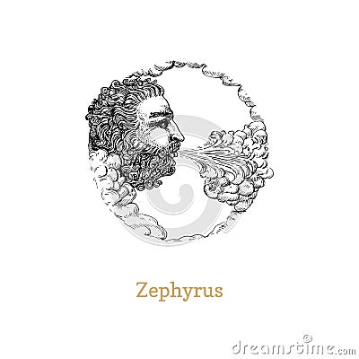 Zephyrus, west wind hand drawn in engraving style. Vector retro graphic illustration of mythological deity. Vector Illustration