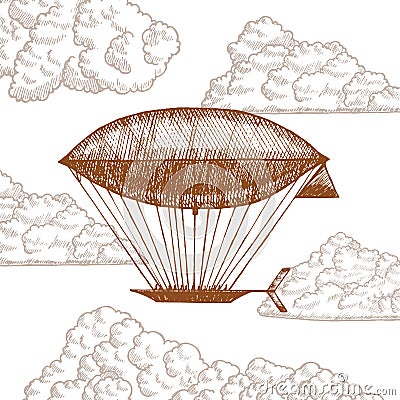 Zeppelin in Clouds on Sky Hand Draw Sketch. Vector Vector Illustration