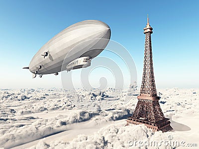 Zeppelin and Eiffel Tower Cartoon Illustration