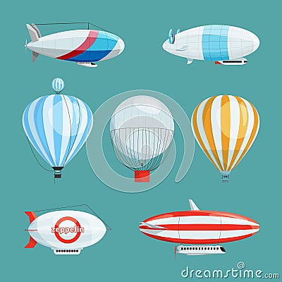 Zeppelins, big airships and balloons with cabin. Vector illustrations set in cartoon style Vector Illustration
